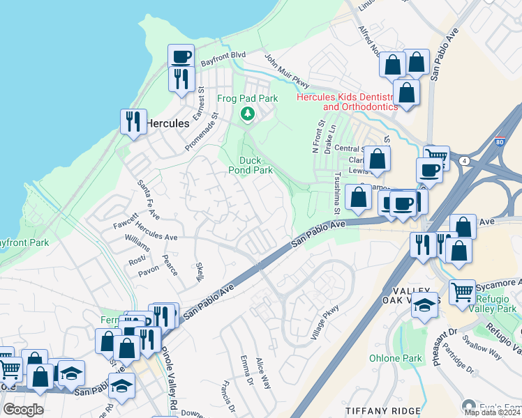 map of restaurants, bars, coffee shops, grocery stores, and more near 163 Ridgeview Terrace in Hercules