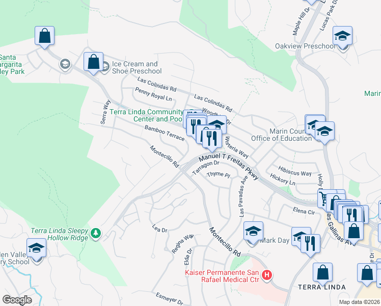 map of restaurants, bars, coffee shops, grocery stores, and more near 628 Bamboo Terrace in San Rafael