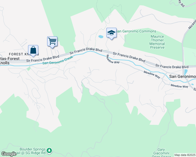 map of restaurants, bars, coffee shops, grocery stores, and more near 76 Tamarack Road in San Geronimo