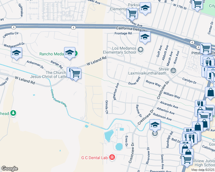 map of restaurants, bars, coffee shops, grocery stores, and more near 46 Brookshire Court in Pittsburg