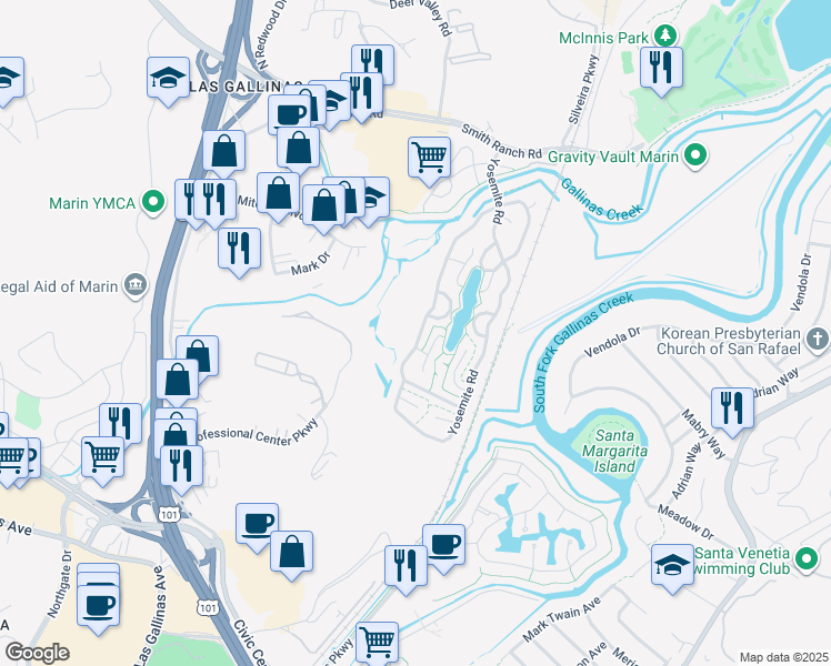 map of restaurants, bars, coffee shops, grocery stores, and more near 37 Yosemite Road in San Rafael