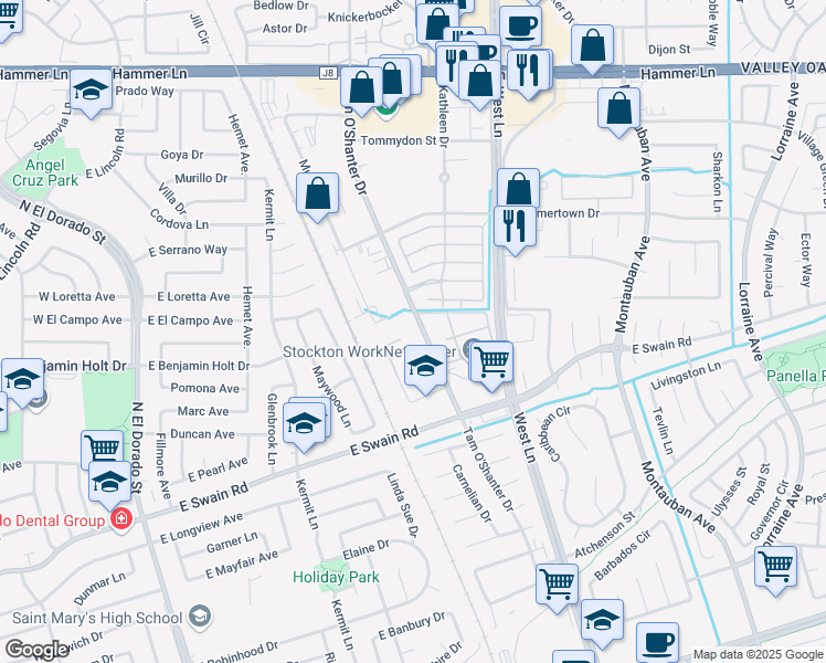 map of restaurants, bars, coffee shops, grocery stores, and more near 6505 Tam O'Shanter Drive in Stockton