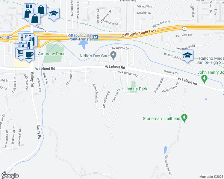 map of restaurants, bars, coffee shops, grocery stores, and more near 2223 Mount Whitney Drive in Pittsburg