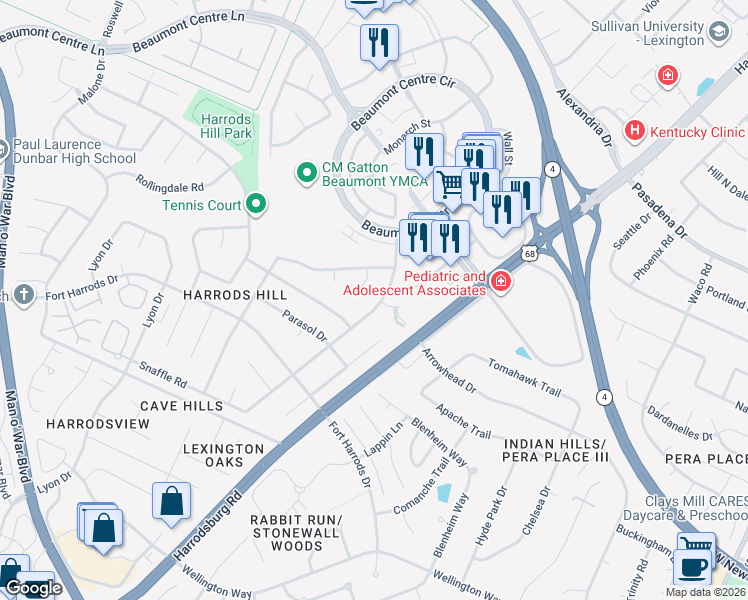 map of restaurants, bars, coffee shops, grocery stores, and more near 3295 Snaffle Rd in Lexington