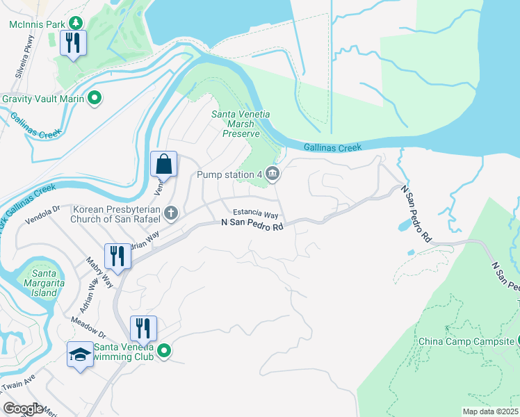 map of restaurants, bars, coffee shops, grocery stores, and more near 724 Estancia Way in San Rafael