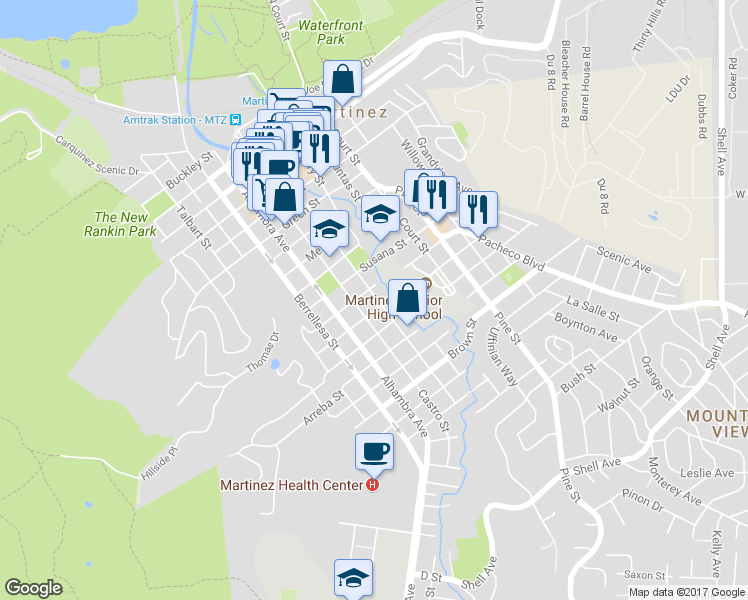 map of restaurants, bars, coffee shops, grocery stores, and more near 1424 Estudillo Street in Martinez