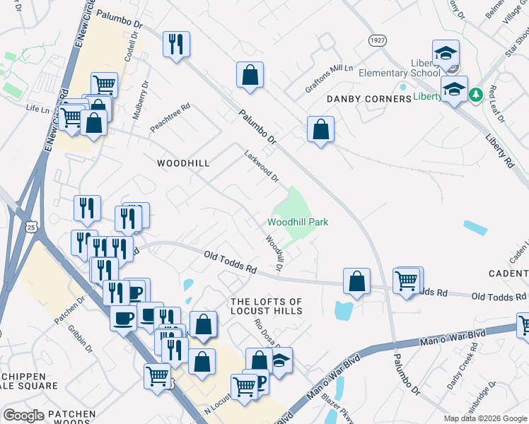 map of restaurants, bars, coffee shops, grocery stores, and more near 308 Driftwood Pl in Lexington