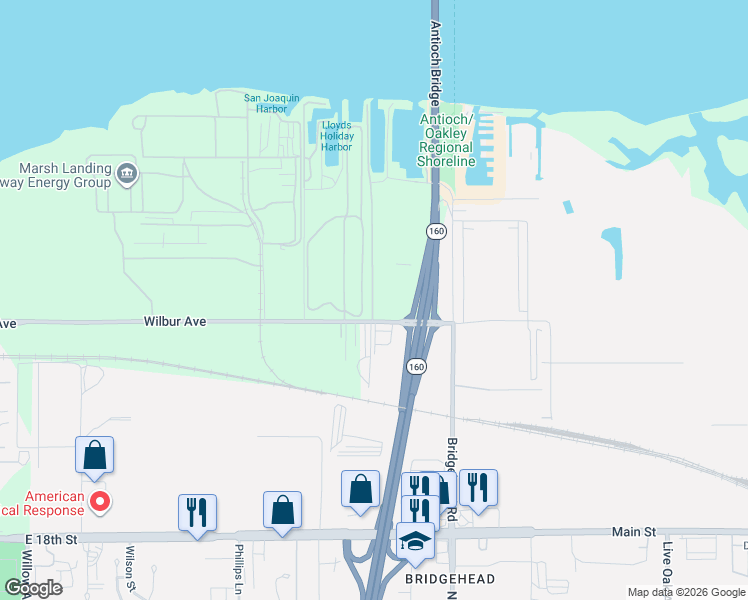 map of restaurants, bars, coffee shops, grocery stores, and more near 3635 Wilbur Avenue in Antioch