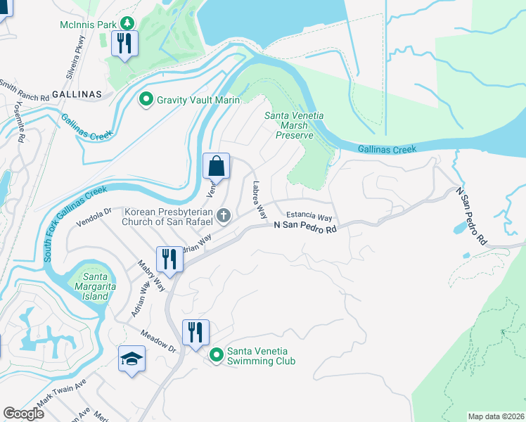 map of restaurants, bars, coffee shops, grocery stores, and more near 10 Labrea Way in San Rafael