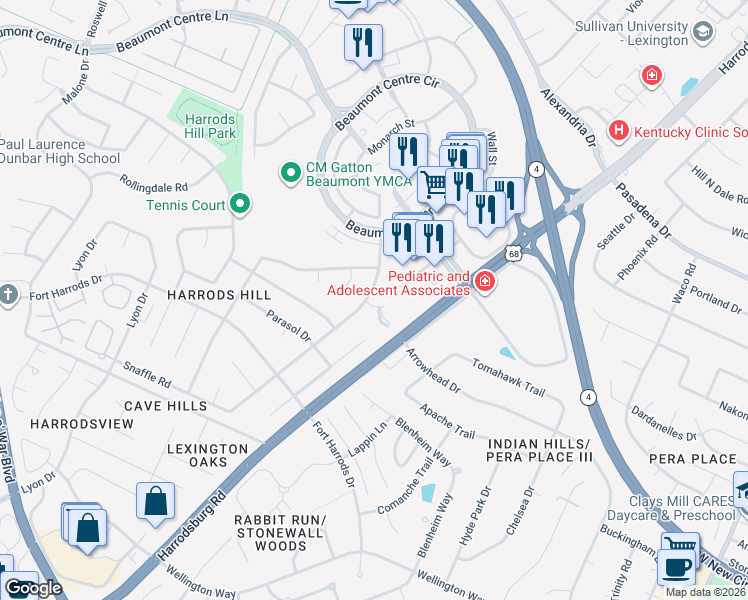 map of restaurants, bars, coffee shops, grocery stores, and more near 3295 Snaffle Road in Lexington