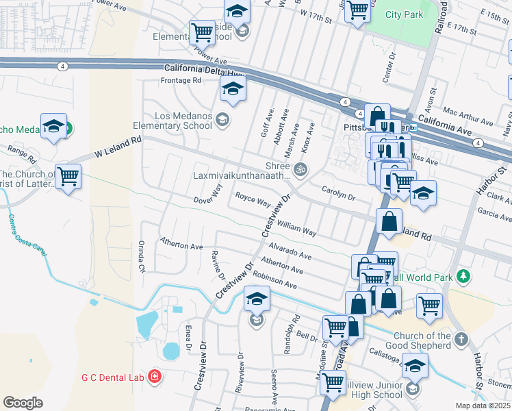 map of restaurants, bars, coffee shops, grocery stores, and more near 233 Royce Way in Pittsburg
