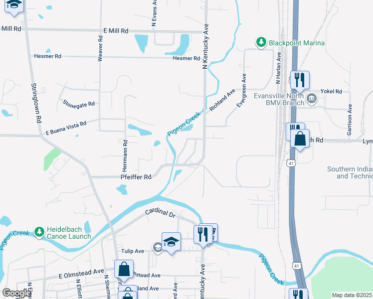 map of restaurants, bars, coffee shops, grocery stores, and more near 3430 Little Creek Parkway in Evansville