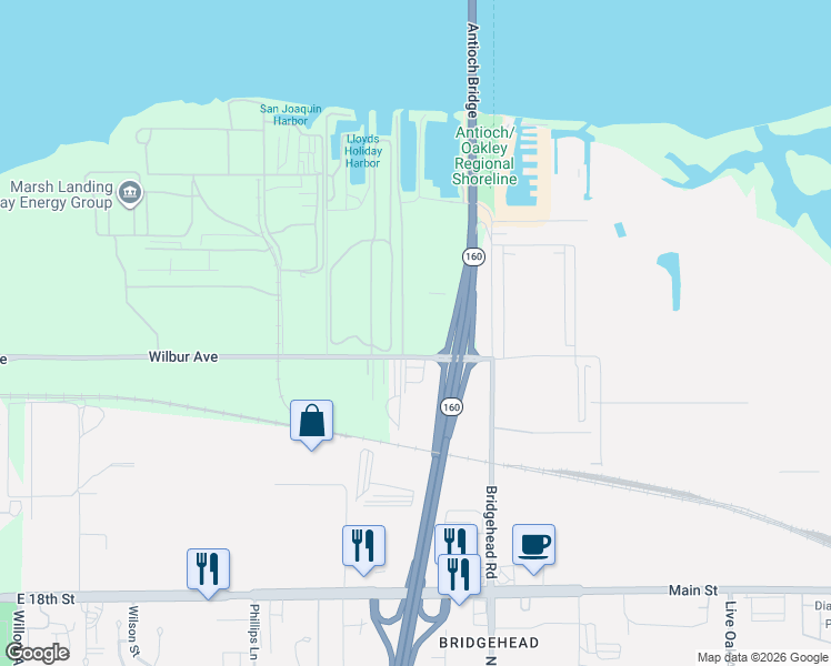 map of restaurants, bars, coffee shops, grocery stores, and more near 3635 Wilbur Avenue in Antioch