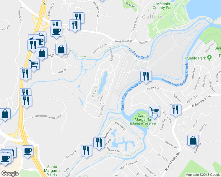 map of restaurants, bars, coffee shops, grocery stores, and more near 90 Yosemite Road in San Rafael