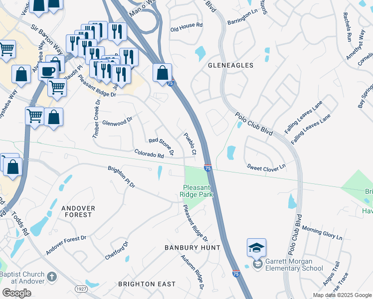 map of restaurants, bars, coffee shops, grocery stores, and more near 1412 Pleasant Ridge Dr in Lexington