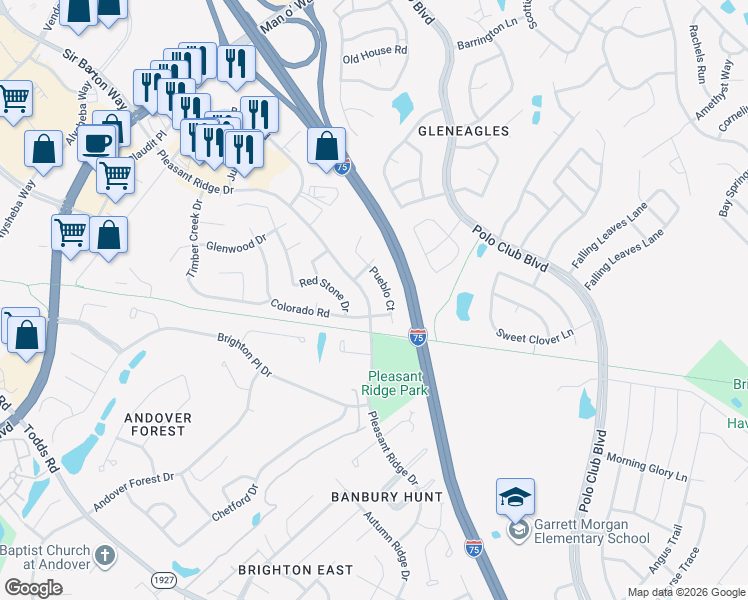 map of restaurants, bars, coffee shops, grocery stores, and more near 1412 Pleasant Ridge Drive in Lexington