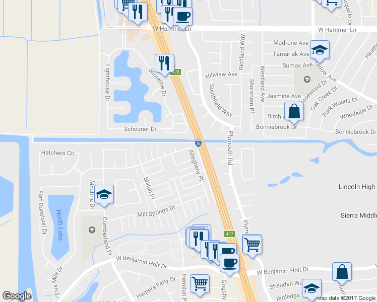 map of restaurants, bars, coffee shops, grocery stores, and more near 3104 Five Mile Drive in Stockton