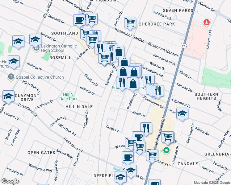 map of restaurants, bars, coffee shops, grocery stores, and more near 241 Regency Cir in Lexington