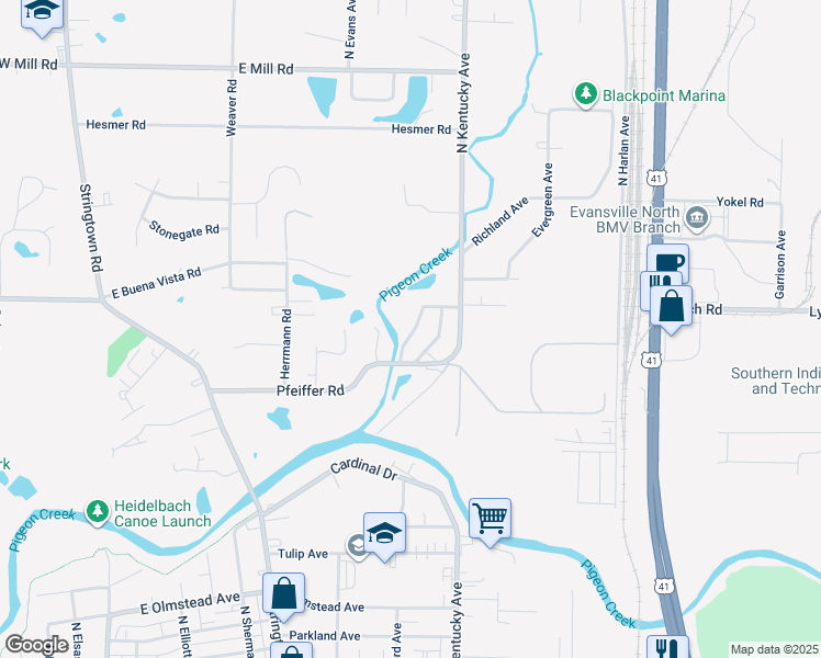 map of restaurants, bars, coffee shops, grocery stores, and more near 3430 Little Creek Parkway in Evansville