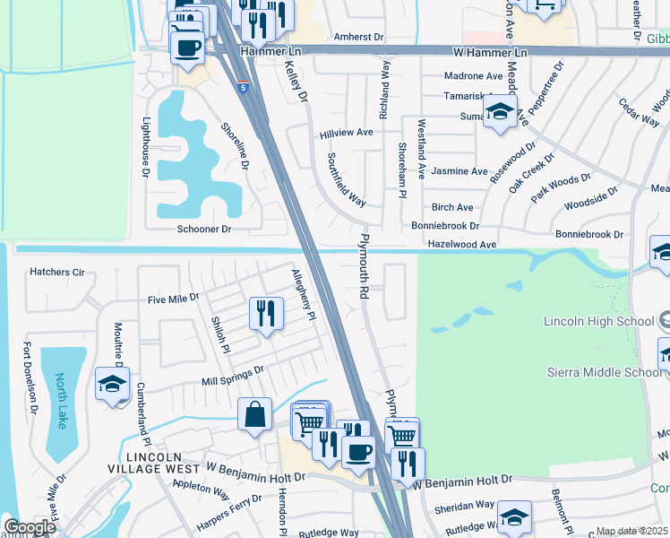 map of restaurants, bars, coffee shops, grocery stores, and more near 2980 Plymouth Court in Stockton