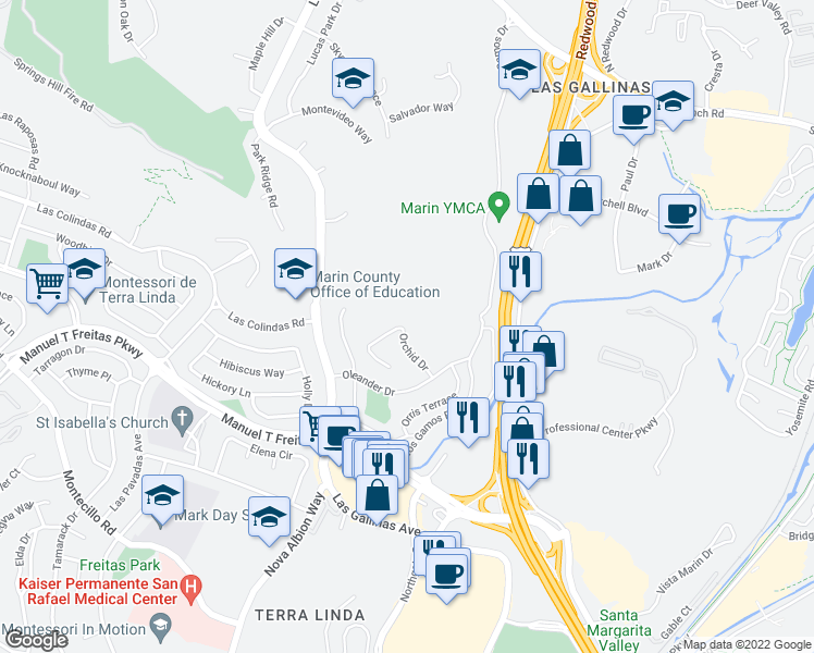 map of restaurants, bars, coffee shops, grocery stores, and more near 330 Orchid Drive in San Rafael