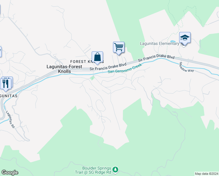 map of restaurants, bars, coffee shops, grocery stores, and more near 105 Montezuma Avenue in Lagunitas-Forest Knolls