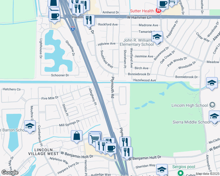 map of restaurants, bars, coffee shops, grocery stores, and more near 2918 Plymouth Court in Stockton