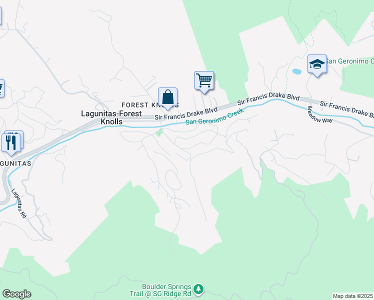 map of restaurants, bars, coffee shops, grocery stores, and more near 105 Montezuma Avenue in Lagunitas-Forest Knolls