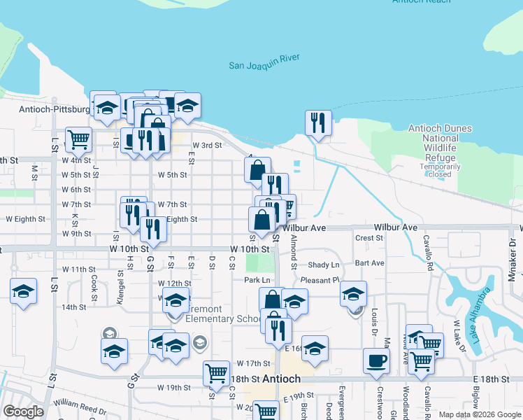 map of restaurants, bars, coffee shops, grocery stores, and more near 15 West 7th Street in Antioch