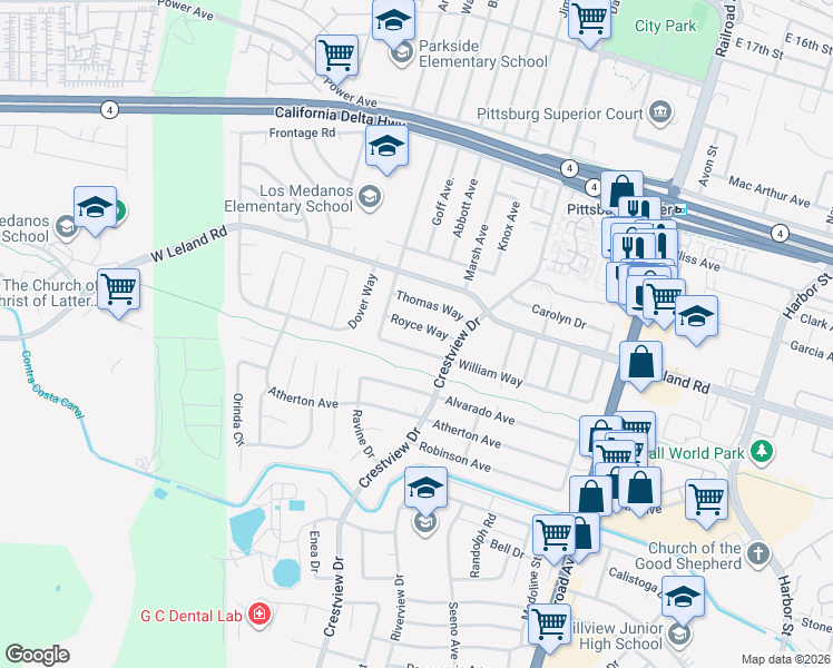 map of restaurants, bars, coffee shops, grocery stores, and more near 249 Royce Way in Pittsburg