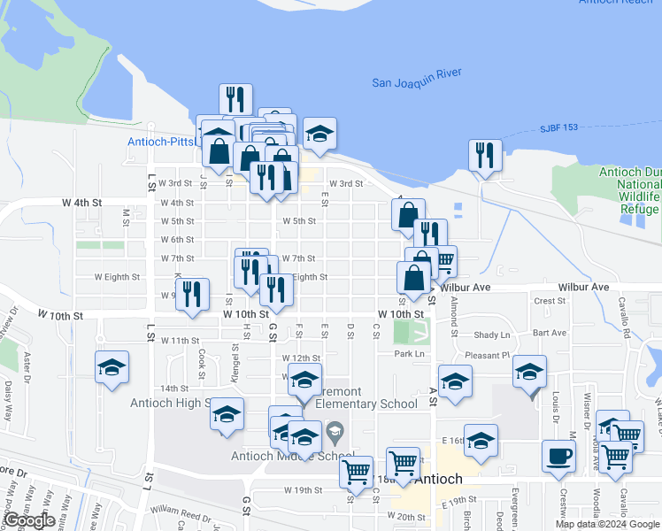 map of restaurants, bars, coffee shops, grocery stores, and more near 705 E Street in Antioch