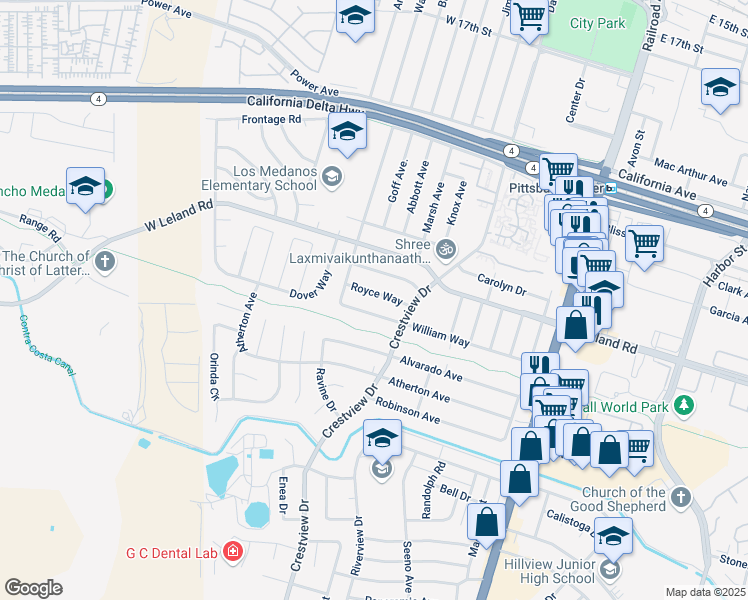 map of restaurants, bars, coffee shops, grocery stores, and more near 249 Royce Way in Pittsburg