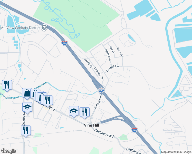 map of restaurants, bars, coffee shops, grocery stores, and more near 4560 Actriz Place in Martinez