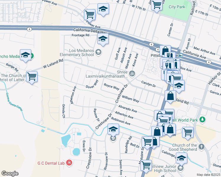 map of restaurants, bars, coffee shops, grocery stores, and more near 249 Royce Way in Pittsburg