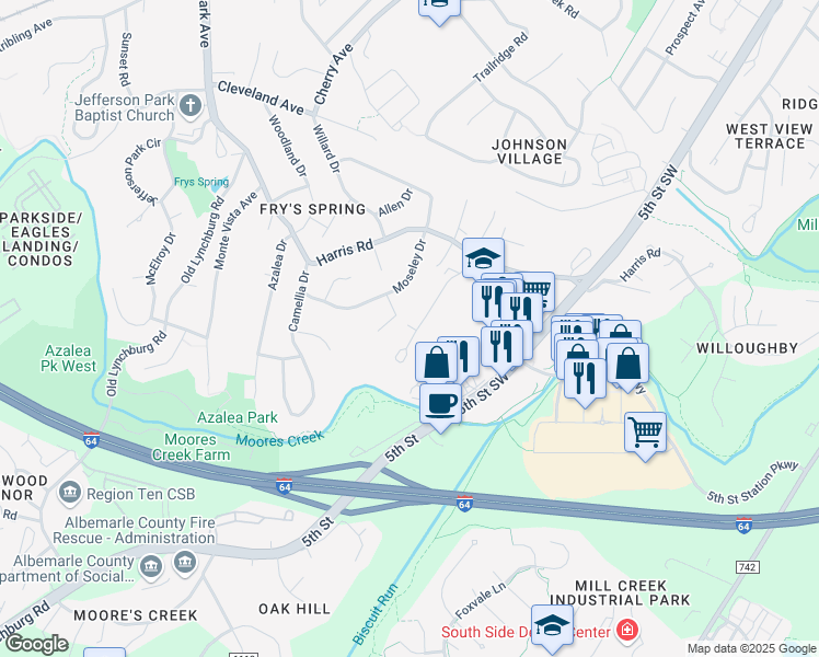 map of restaurants, bars, coffee shops, grocery stores, and more near 121 Longwood Drive in Charlottesville