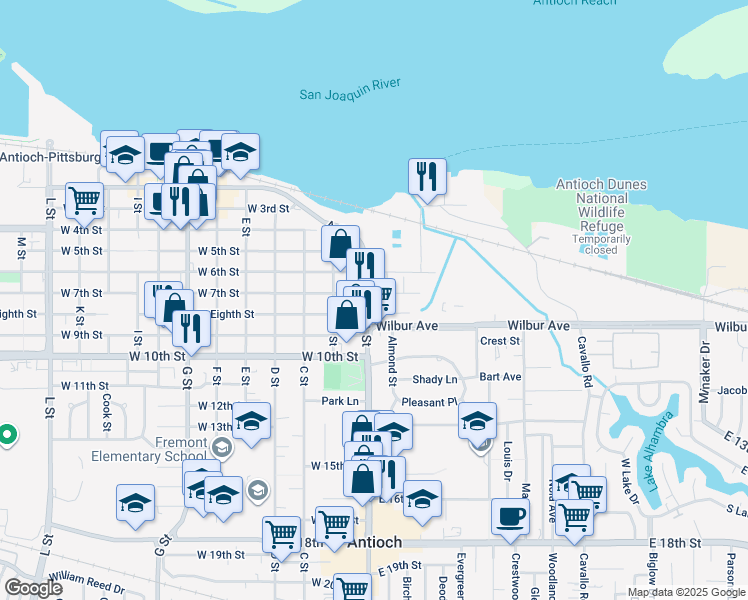 map of restaurants, bars, coffee shops, grocery stores, and more near 709 A Street in Antioch