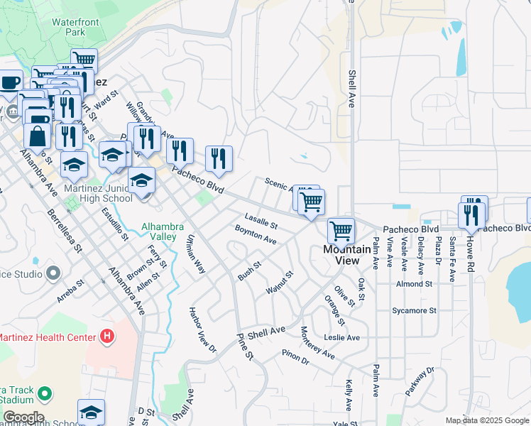map of restaurants, bars, coffee shops, grocery stores, and more near 2110 Pacheco Boulevard in Martinez