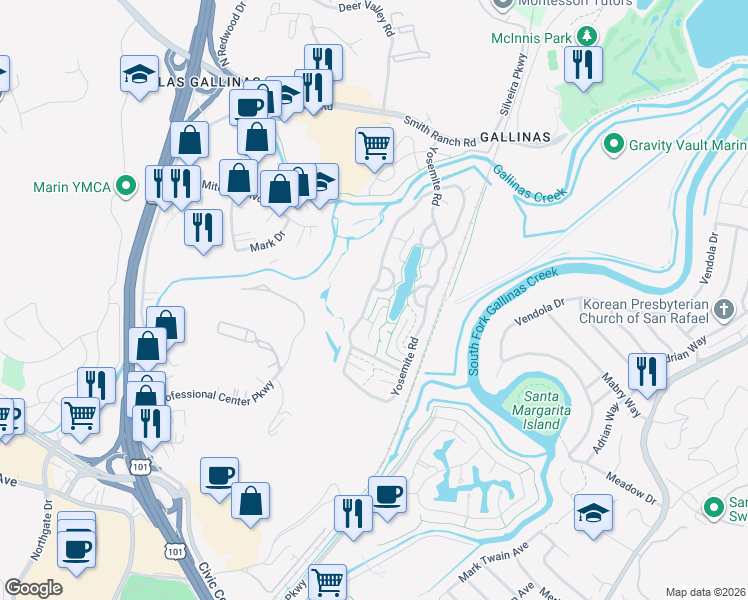 map of restaurants, bars, coffee shops, grocery stores, and more near 37 Yosemite Road in San Rafael