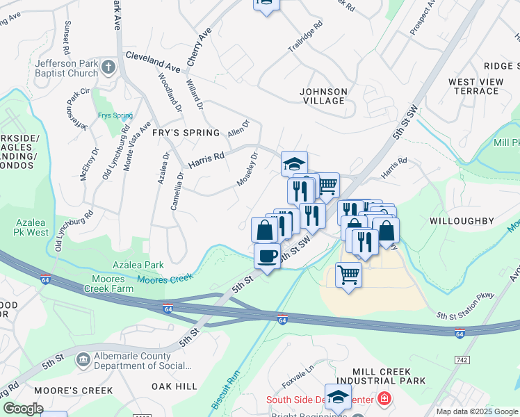 map of restaurants, bars, coffee shops, grocery stores, and more near 120A Longwood Drive in Charlottesville