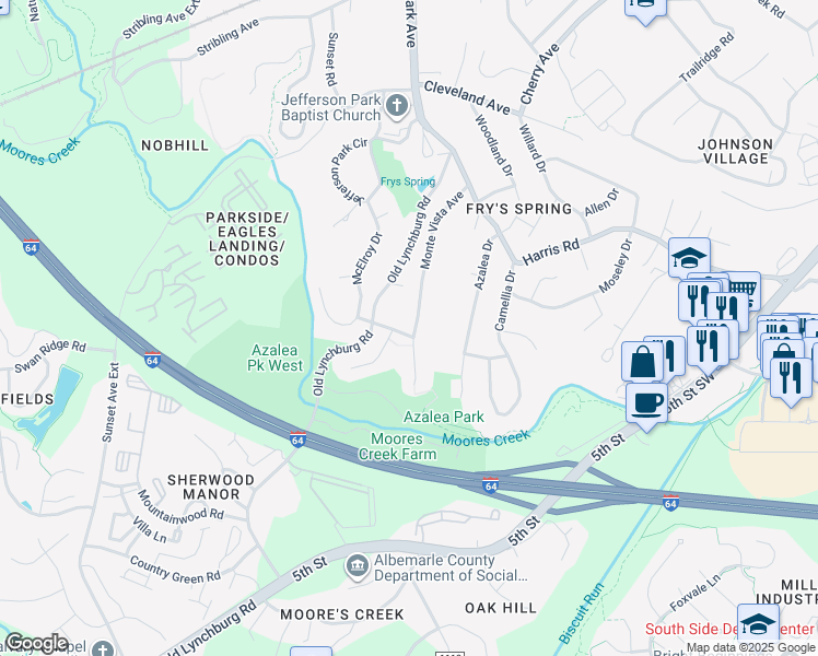map of restaurants, bars, coffee shops, grocery stores, and more near 300 Monte Vista Avenue in Charlottesville