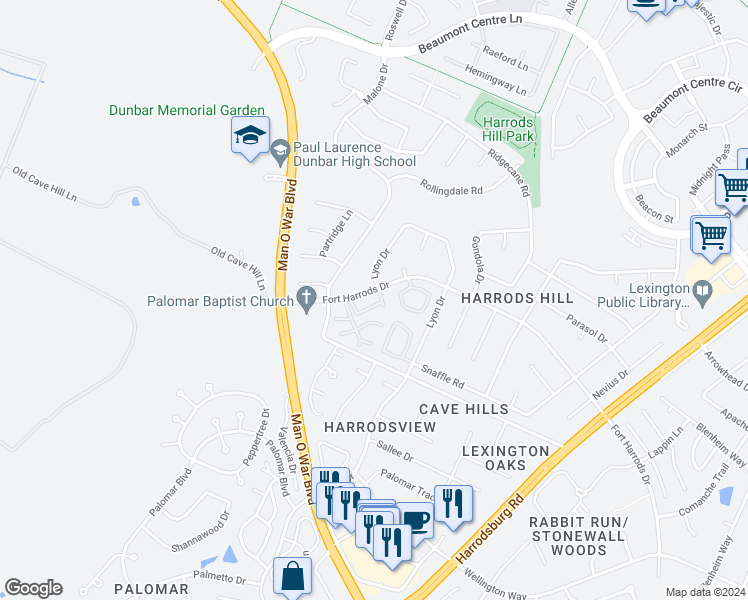 map of restaurants, bars, coffee shops, grocery stores, and more near 2160 Fort Harrods Drive in Lexington