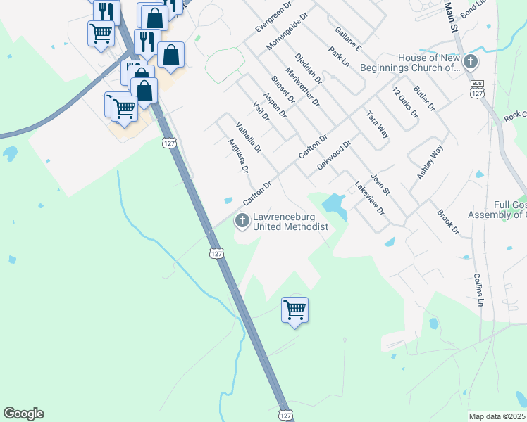 map of restaurants, bars, coffee shops, grocery stores, and more near 1031 Stonecrest Court in Lawrenceburg
