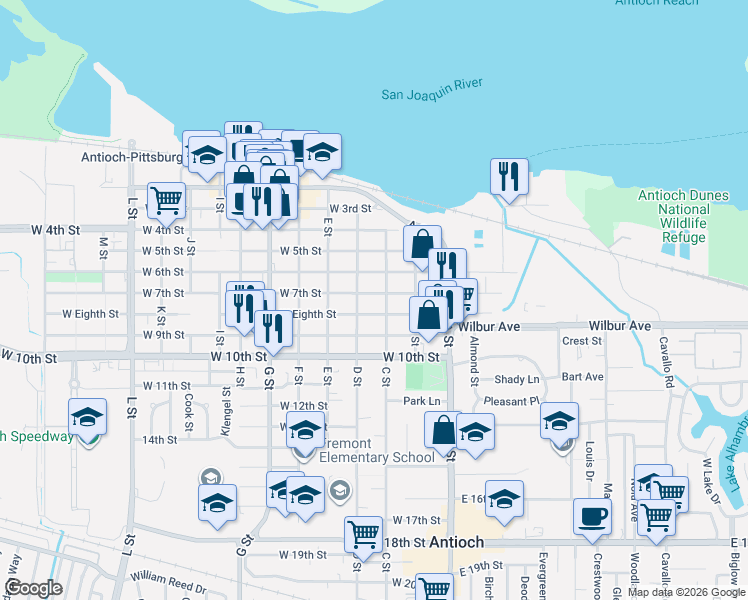 map of restaurants, bars, coffee shops, grocery stores, and more near 209 West 7th Street in Antioch
