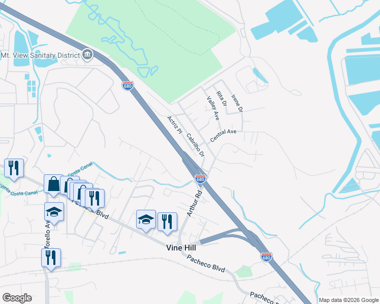 map of restaurants, bars, coffee shops, grocery stores, and more near 4560 Actriz Place in Martinez
