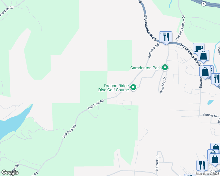 map of restaurants, bars, coffee shops, grocery stores, and more near 501-555 Ball Park Road in Camdenton