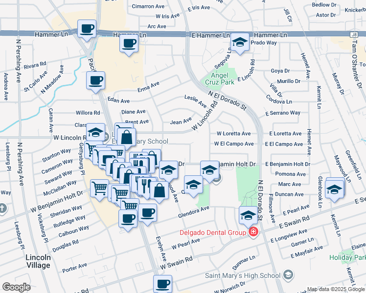 map of restaurants, bars, coffee shops, grocery stores, and more near 324 Felton Way in Stockton