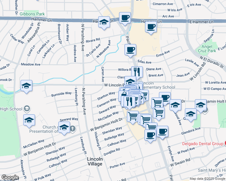 map of restaurants, bars, coffee shops, grocery stores, and more near 1045 Stanton Way in Stockton