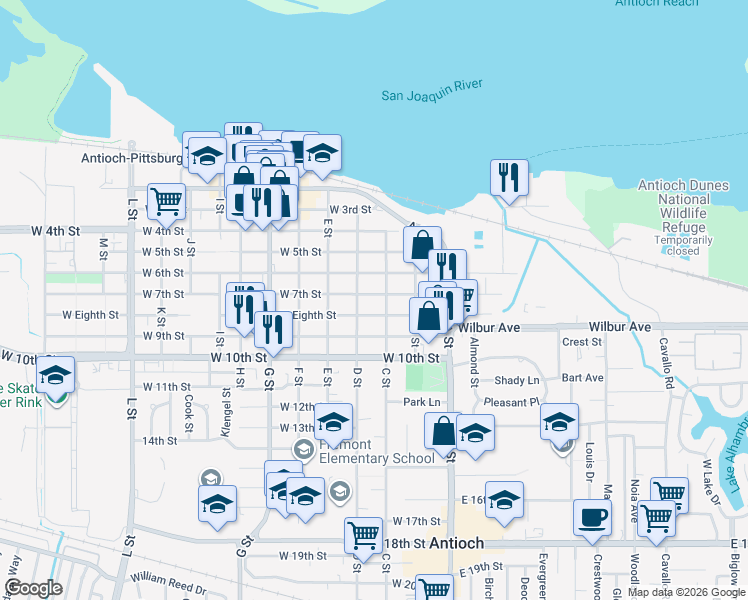 map of restaurants, bars, coffee shops, grocery stores, and more near 209 West 7th Street in Antioch