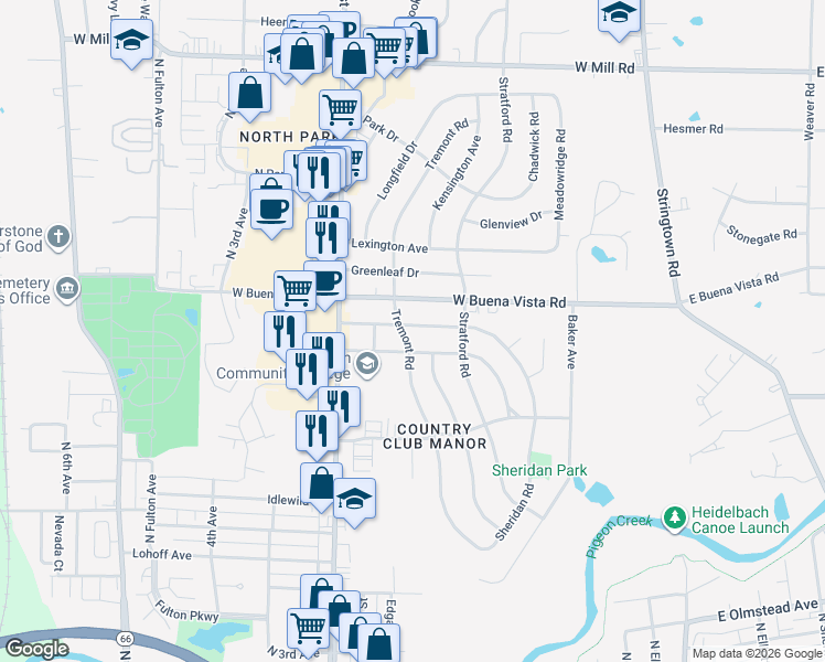 map of restaurants, bars, coffee shops, grocery stores, and more near 524 Sheridan Road in Evansville