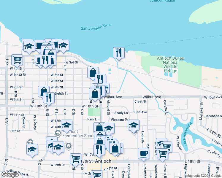 map of restaurants, bars, coffee shops, grocery stores, and more near 112 East 7th Street in Antioch